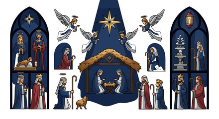 Fototapeta premium Nativity scene with angels, wise men, and mary and joseph