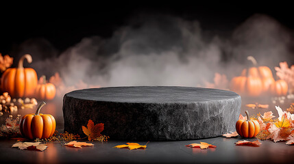 Round black stone pedestal surrounded by autumn leaves and pumpkins, with a misty background creating a seasonal atmosphere for display or decoration purposes