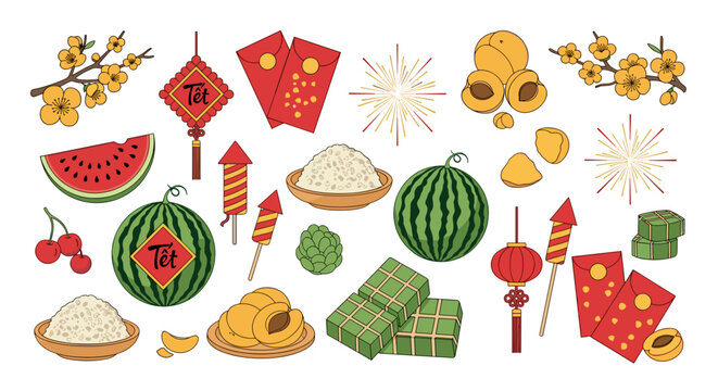 Vietnamese tet holiday symbols collection