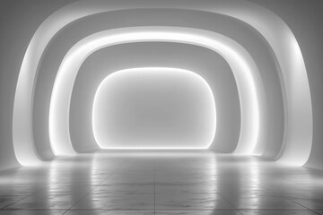 Modern architectural interior featuring smooth, curved white walls illuminated by soft lighting, creating a serene and minimalist atmosphere ideal for artistic presentations