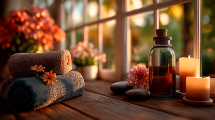 Spa setting featuring soft towels, aromatic candles, essential oil bottle, and flowers on wooden surface, creating a serene and relaxing atmosphere for wellness and self-care