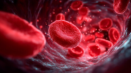 Red blood cells flowing through a human vein, showcasing the intricate details of cellular structure and movement within the circulatory system, emphasizing health and vitality