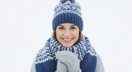 Smiling young woman wearing warm knitted hat scarf and gloves during winter weather