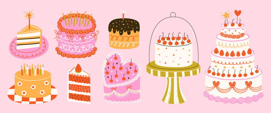 Colorful hand drawn birthday and wedding cakes with strawberry, cherry and cream decorations for greeting card or invitation design. Funky doodle dessert illustrations. Quirky party celebration vector