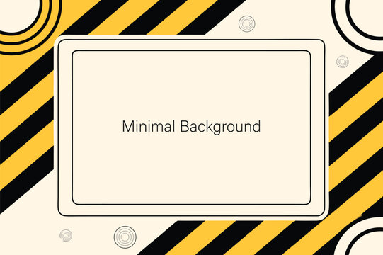 A minimalist graphic design featuring a central cream colored square frame with a subtle text minimal background surrounded by bold diagonal black and yellow hazard stripes and abstract circular eleme