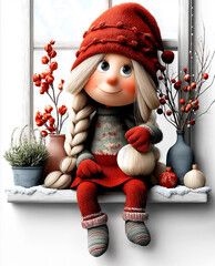 Cheerful young girl with braided hair, wearing a red hat and cozy sweater, sitting on a window sill surrounded by festive decorations and plants, embodying winter joy and warmth