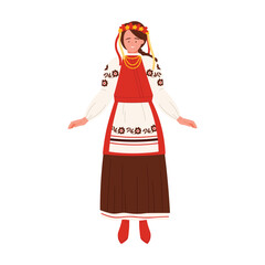 Isolated Ukrainian woman wearing national folk dress and floral headband on white background vector illustration
