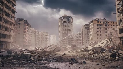 Catastrophic earthquake devastation showing collapsed buildings and rubble in a destroyed city on a cloudy day, disaster simulation animation - Powered by Adobe
