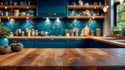 Rustic wooden kitchen countertop with potted plants, blue cabinetry, and decorative shelves filled with kitchenware, creating a warm and inviting culinary atmosphere