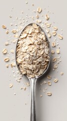 A detailed shot of a spoon full of rolled oats, offering a sense of freshness and nutrition. The oats appear wholesome and inviting