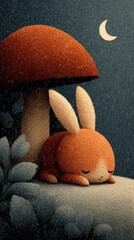 A cute rabbit sleeping peacefully under a mushroom. The scene is set at night with the moon in the sky, creating a whimsical and dreamy atmosphere.