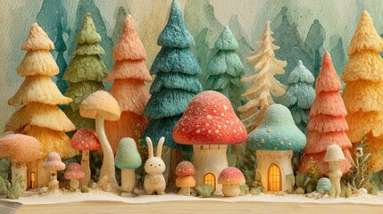 Magical forest scene featuring a bunny amidst vibrant mushrooms and trees