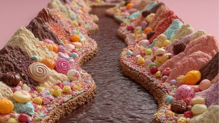 A river of chocolate flows between candy mountains. The scene is bright and colorful, with a variety of sweets and treats