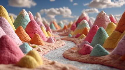 A vibrant and whimsical landscape featuring colorful, cone-shaped mountains and a winding river under a cloudy sky