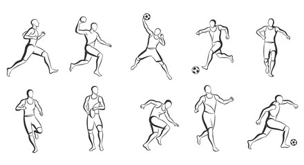 Line art illustration depicting various sports activities, including running, throwing, and kicking a ball.
