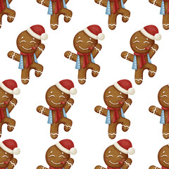 Seamless pattern with cute gingerbread men in Santa hats and scarves, painted in cozy watercolor style. Perfect for Christmas wrapping paper, textiles, and festive greeting cards.