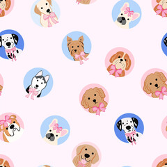 Fototapeta premium Cute Puppy Faces Seamless Pattern with Pink and Blue Circles | Adorable Dog Illustration for Kids Fabric, Wallpaper, and Stationery