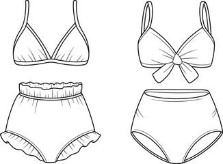 Lingerie and Sleepwear Technical Flat Sketch Vector Set, Featuring Bralettes and High-Waisted Panties with Ruffles and Bows, CAD Drawing Flat Vector Illustration