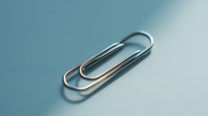 Silver paper clip resting on a light blue surface. Macro photo illustrating office supplies, organization, and simple design, emphasizing the clip's form and function.