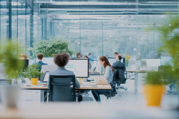Modern open office with employees working in a bright and natural workspace