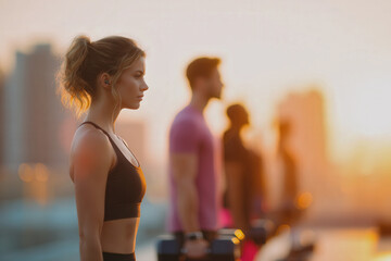 Focused young athlete training at sunrise in the city with warm light and urban atmosphere