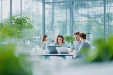 Young team collaborating in a modern office with natural light and indoor greenery