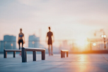 Urban workout park at sunrise with silhouettes of athletes and warm morning light