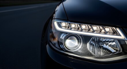 Close-up of car headlight focused bottom-right. Dark smooth blurred road as negative space.