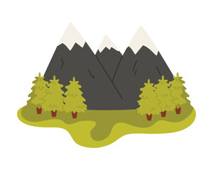 Isolated Norway mountain scene with green pine trees and snowy peaks on white background vector illustration