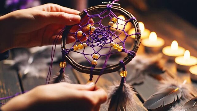 Hands weaving a purple webbed dreamcatcher with beads, lit by candles, and feathers on a wooden surface