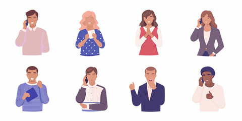 Diverse group of people in casual and business attire communicating and expressing emotions on white background
