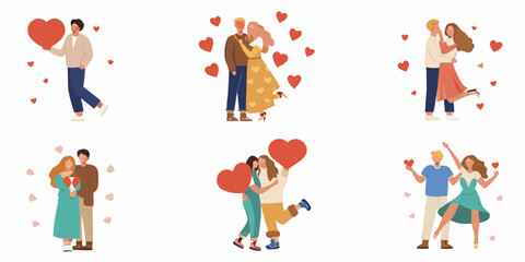 Collection of diverse couples embracing and holding hearts celebrating love and romance