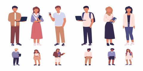 Diverse group of young adults and children standing together holding books and laptops
