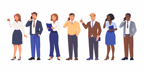 Obraz premium Diverse group of business professionals standing and talking on their mobile phones with positive gestures
