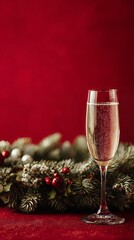 a glass of champagne against the backdrop of a Christmas wreath.