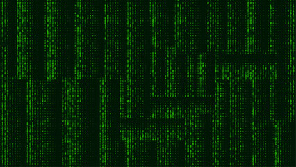 Green matrix background. Falling numbers on screen. Technology stream binary code. Digital vector illustration. Hacking concept.