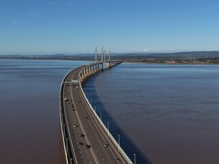 Obraz premium Aerial photo of M4 motorway crossing Bristol channel/Prince of Wales Bridge