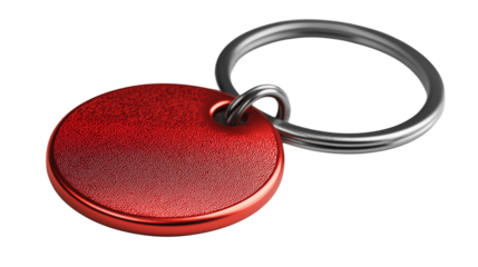 Red round blank metal key medal isolated on white background or transparent png, shiny collectible emblem with vibrant color and simple design.