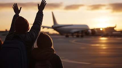 A warm farewell at the airport, two figures wave goodbye as a plane departs against the backdrop of a golden sunset, evoking feelings of adventure and goodbyes. #travel