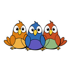 Three adorable cartoon birds in orange blue and red isolated on white background