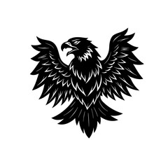 Black eagle with spread wings in a heraldic style isolated on white background