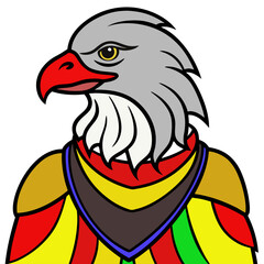 Stylized eagle head with colorful scarf and armor isolated on white background