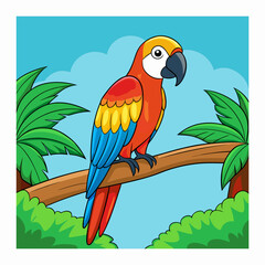 Colorful cartoon macaw perched on a tree branch with tropical foliage isolated on white background