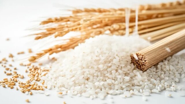 Piles of uncooked rice and grains with wheat stalks and a wooden utensil