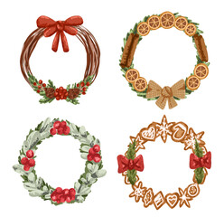 Holiday Christmas wreath with pine tree branch, mistletoe and holly berry. Xmas door decor