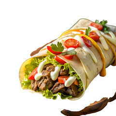 Delicious Shawarma Wrap Filled with Meat Lettuce Tomatoes and Sauces kebab doner isolated on a transparent background