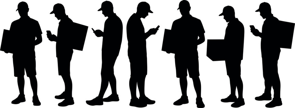 Delivery service workers concept many silhouette of people holding package box