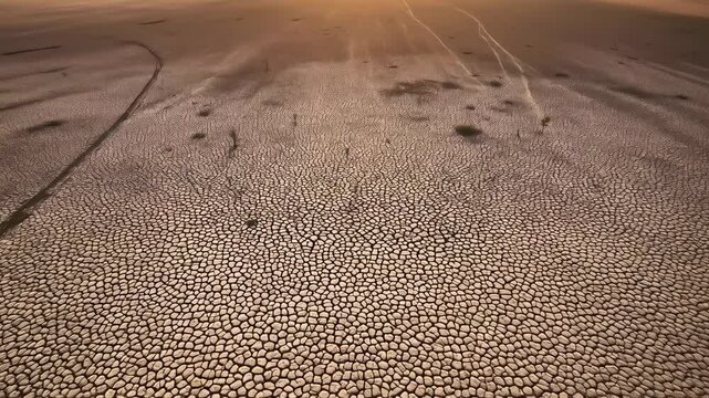 Vast cracked earth landscape under a glowing sunset signifying climate change and desertification drought footage