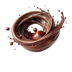 Swirling Chocolate Splash with Droplets and Sphere on Black Background liquid vortex isolated on a transparent background