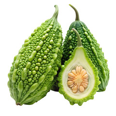 Three Green Bitter Melons One Cut in Half Showing Seeds and Pulp gourd vegetable isolated on a transparent background